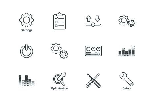 Settings and options line icon set. Vector collection of configuration, setup, and optimization symbols. Includes gear, control panel, tools, and UI elements for web and apps.
