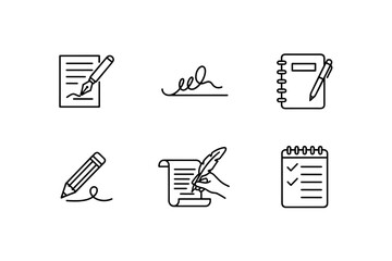 Writing signature line icon set. Contract signing and autograph concept. Note taking, journaling, to do list, and document management symbols. Editable stroke vector icons.