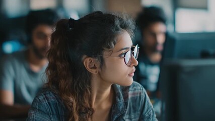 Focused Student in Study: A focused student, glasses perched on their nose, intently gazes ahead, studying intently, surrounded by peers in a library or learning environment. - Powered by Adobe