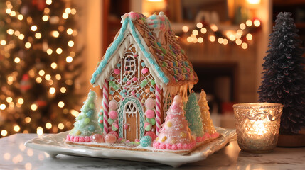 Fototapeta premium Festive gingerbread house decorated with pastel candy and icing, surrounded by sugar trees, illuminated by a Christmas tree.