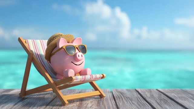 Playful pig relaxing on beach chair by turquoise water, camera zooms in for detail