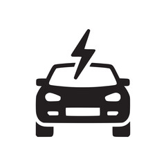 A simple graphic of an electric car with a lightning bolt above it on a white background design icon
