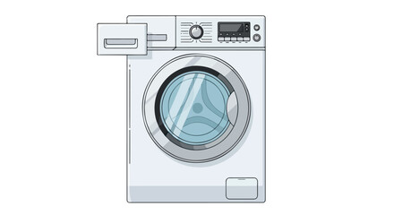 Sleek and modern front-loading washing machine illustration against a clean white background promoting innovative home appliance design