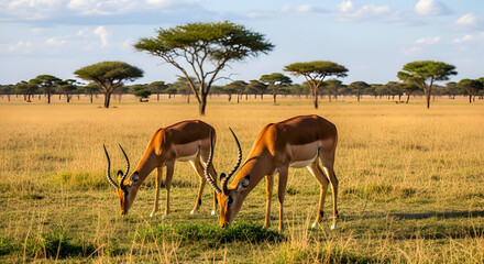 Two impalas graze peacefully in the golden savanna, a stunning wildlife scene perfect for nature lovers and conservation campaigns under the African sun