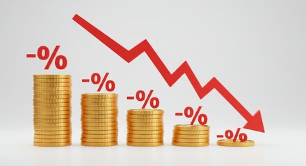 Stacks of coins decreasing with red arrow showing downward trend.