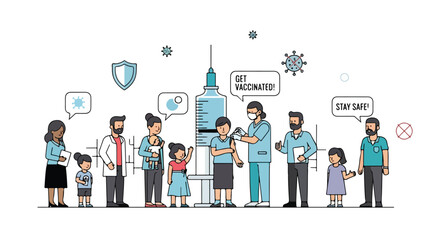 Promoting vaccination campaigns and safety measures for a healthy community and prevent disease spread with doctor administering shots to kid