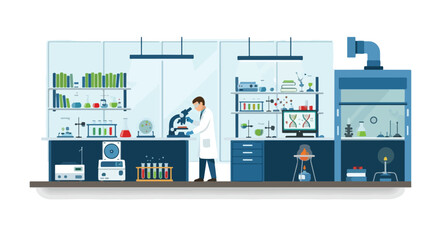 Scientist conducting research in a modern laboratory with various scientific equipment and tools, flat vector design for medical and science fields
