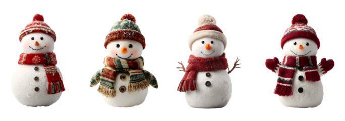 Cute Christmas snowmen with hats and scarves isolated on white background, winter decoration cut out PNG