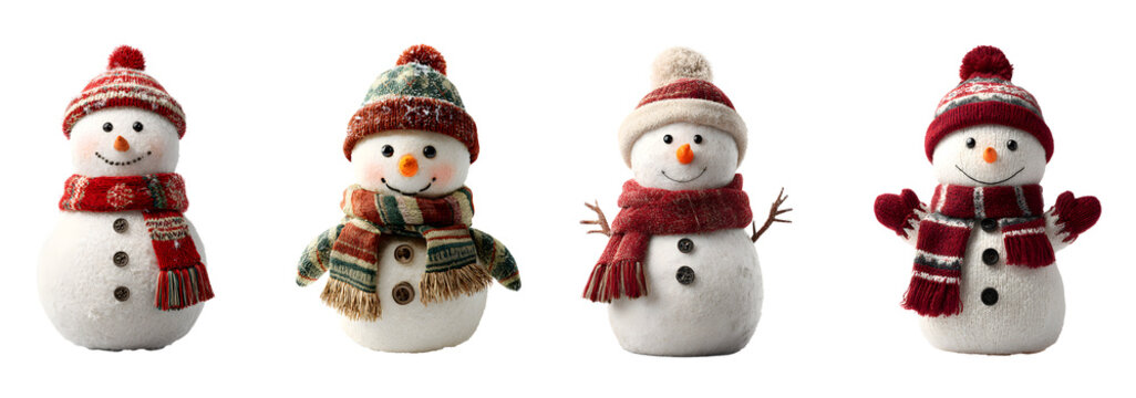 Cute Christmas snowmen with hats and scarves isolated on white background, winter decoration cut out PNG