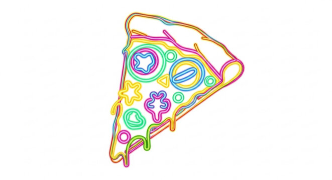 Neon pizza slice graphic design illustration for pizzeria menu and food delivery service promotion vector - Powered by Adobe