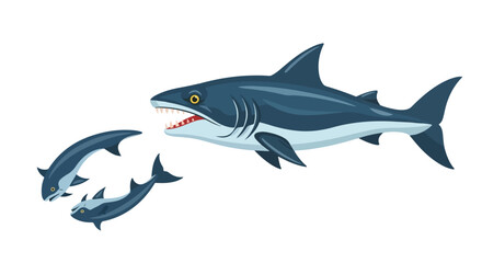 Fototapeta premium Digital Illustration of a Predatory Shark Pursuing Smaller Fish, Isolated Against a White Background Depicting Ocean Life