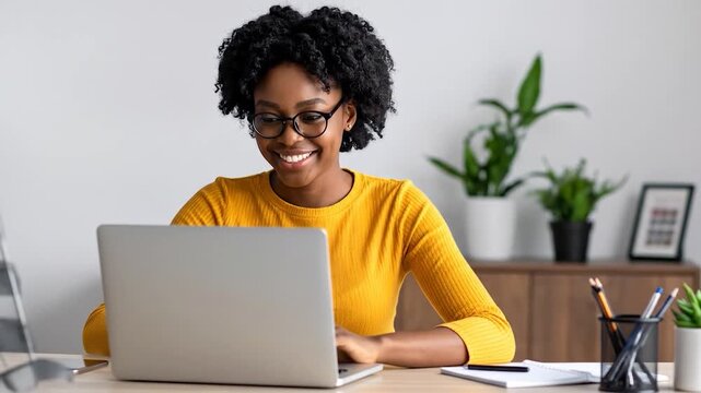A smiling young Black woman with curly hair and glasses works on a laptop at a bright desk
