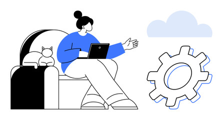 Woman holding laptop sitting beside a cat, large cloud and gear symbolizing remote work, digital innovation. Ideal for technology, teamwork, remote work, connectivity, productivity, cloud storage