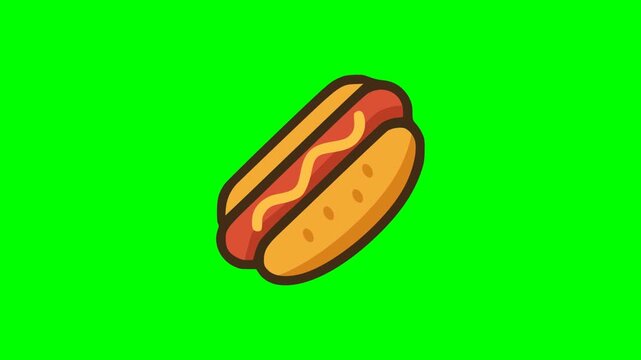 Colorful hot dog clipart with sausage and mustard, simple cartoon food illustration on green background