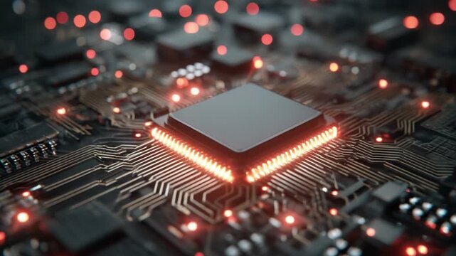 Circuitry's Core: A close-up shot of a powerful computer processor illuminates with glowing circuitry, showcasing the heart of modern technology and its intricate complexity.