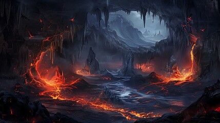 A dark gothic cave with jagged stalactites and glowing red lava rivers, eerie atmosphere, dramatic fantasy illustration 