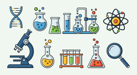 A colorful set of science icons representing chemistry, biology, and laboratory research with various equipment illustrations