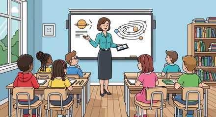 Teacher Explaining the Solar System to a Class of Students in a Classroom Setting
