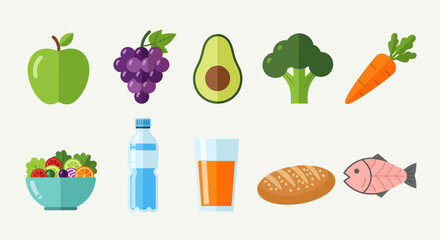 A vibrant set of flat design icons representing a healthy and balanced diet with fresh fruits, vegetables, proteins, and drinks for nutritious eating