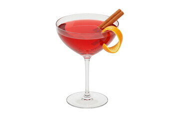 Red cosmopolitan cocktail in coupe glass isolated, garnished with orange peel and cinnamon stick on transparent background