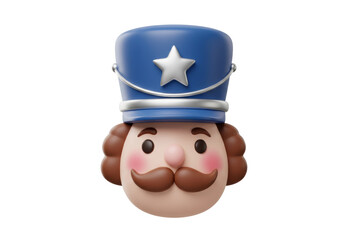 Cute toy soldier head isolated PNG, festive nutcracker character with blue hat and brown mustache for Christmas decoration and design