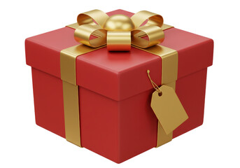 Red gift box with golden ribbon and tag isolated, present for Christmas or birthday on a transparent background PNG