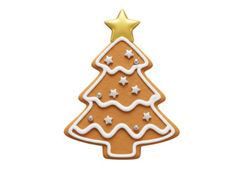 Gingerbread Christmas tree cookie isolated on white, festive holiday treat with star and icing detail PNG
