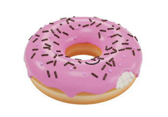 Pink frosted donut with chocolate sprinkles isolated PNG, sweet treat with a bite taken out for dessert and snack concepts