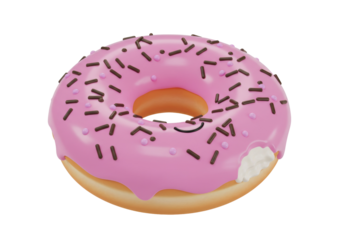 Pink frosted donut with chocolate sprinkles isolated PNG, sweet treat with a bite taken out for dessert and snack concepts