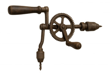 Obraz premium Vintage hand drill featuring rusty metal and wooden handles, representing old carpentry tools and manual craftsmanship