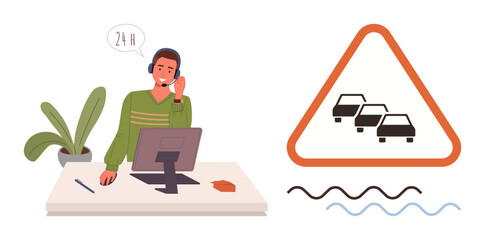 Customer service agent at desk with headset and computer, coupled with a triangular traffic congestion warning sign. Ideal for customer assistance, road safety, transport help, support service