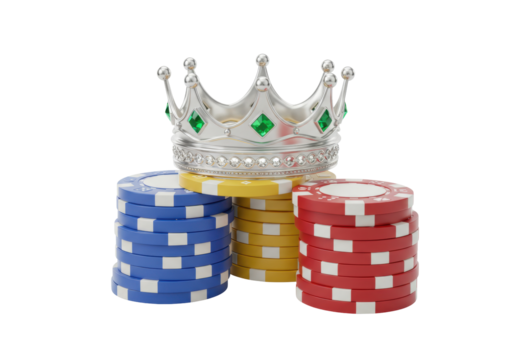 Silver crown with green gems on stacks of poker chips isolated on transparent background, gambling concept PNG