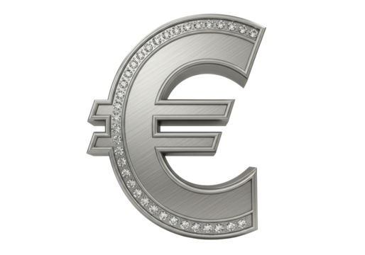 Silver euro symbol with diamonds isolated, currency sign on transparent background for finance and luxury concepts