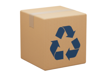 Cardboard box with recycling symbol isolated on transparent background, eco-friendly packaging for shipping and delivery