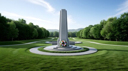 Grand Stone Memorial Monument in Green Park Patriotic Floral Wreath Scene
