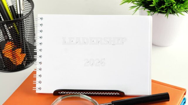 On a desk are office supplies, plants, and a notebook. The notebook first shows encrypted letters, then words appearing, revealing LEADERSHIP 2026