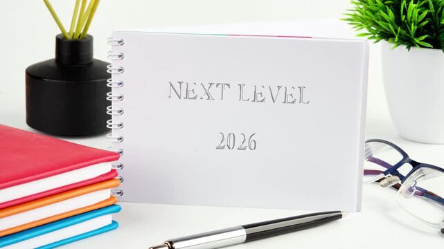A business planner displays NEXT LEVEL 2026. Notebooks, a pen, glasses, and a plant sit nearby on the white desk, suggesting planning for the coming years