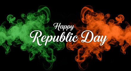 Happy Republic Day’ in a modern calligraphy script with embossed silver letters, set on a dark textured background with subtle saffron and green smoke ... See More