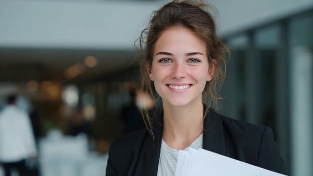 Professional Woman with documents: A poised businesswoman confidently carries documents, her radiant smile reflects her expertise and readiness to conquer the day.