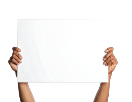Hands holding a blank white sign isolated on transparent background new png