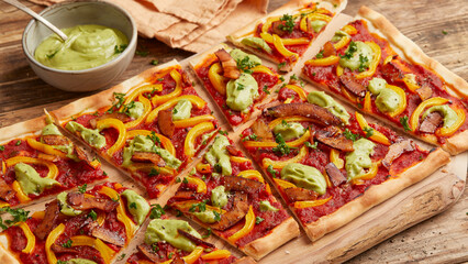 Pizza with coconut bacon and avocado
