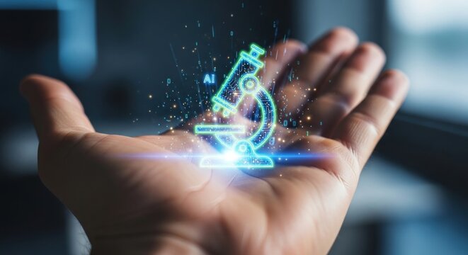 Hand holding a digital microscope icon on virtual screen - Powered by Adobe