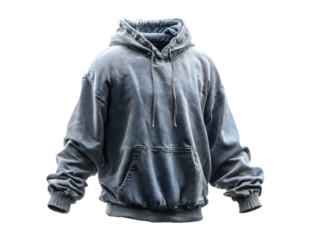 Full view of a blue denimlook hoodie, isolated on transparent background