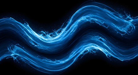 Abstract blue wavy lines flow against a black background, evoking energy and motion