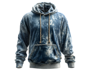 Blue denim hoodie with tie dye effect isolated on transparent background