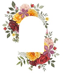  Frame with red, burgundy, yellow,  roses, dahlia, clementis, leaves. Hand drawn watercolor illustration.