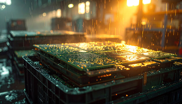 Electronic components in a factory under the Rain: A factory interior showcases a display of electronic components on trays with water falling and highlighting the industrial atmosphere.