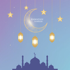 Ramadan Kareem Background with Crescent Moon, Lanterns and Mosque Silhouette