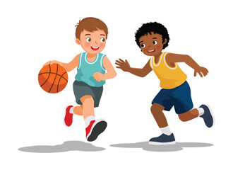Two little boys playing basketball together isolated on white background