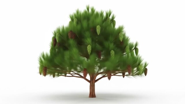 Conifer tree with green needles and pinecones against a white background